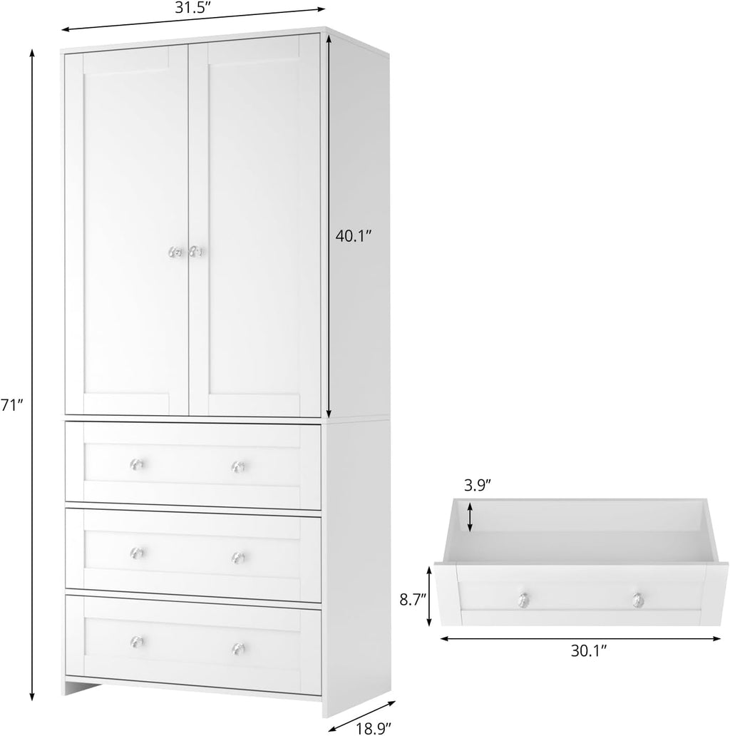 2-Door Mirror Wooden Wardrobe with Drawers & Rod