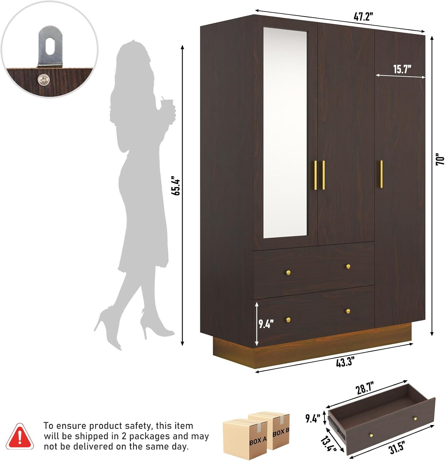 Brown Mirror LED 3-Door Wooden Wardrobe