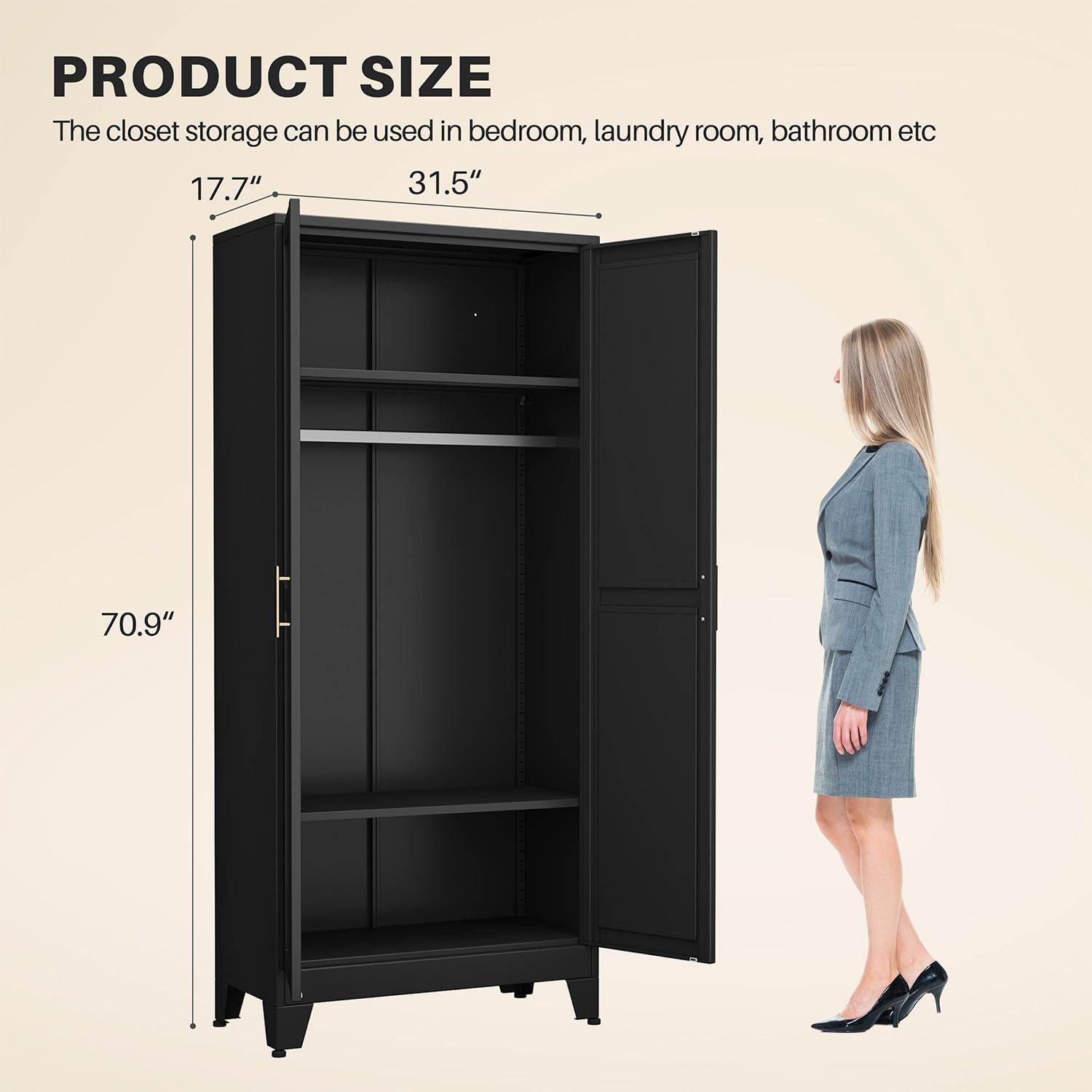 Black 2-Mirror Door Metal Wardrobe Closet
