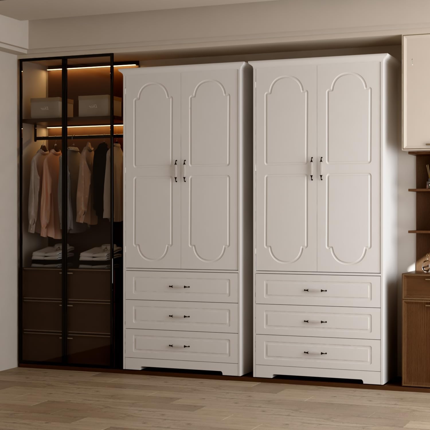 White 2-Door LED Wardrobe with Drawers & Rod