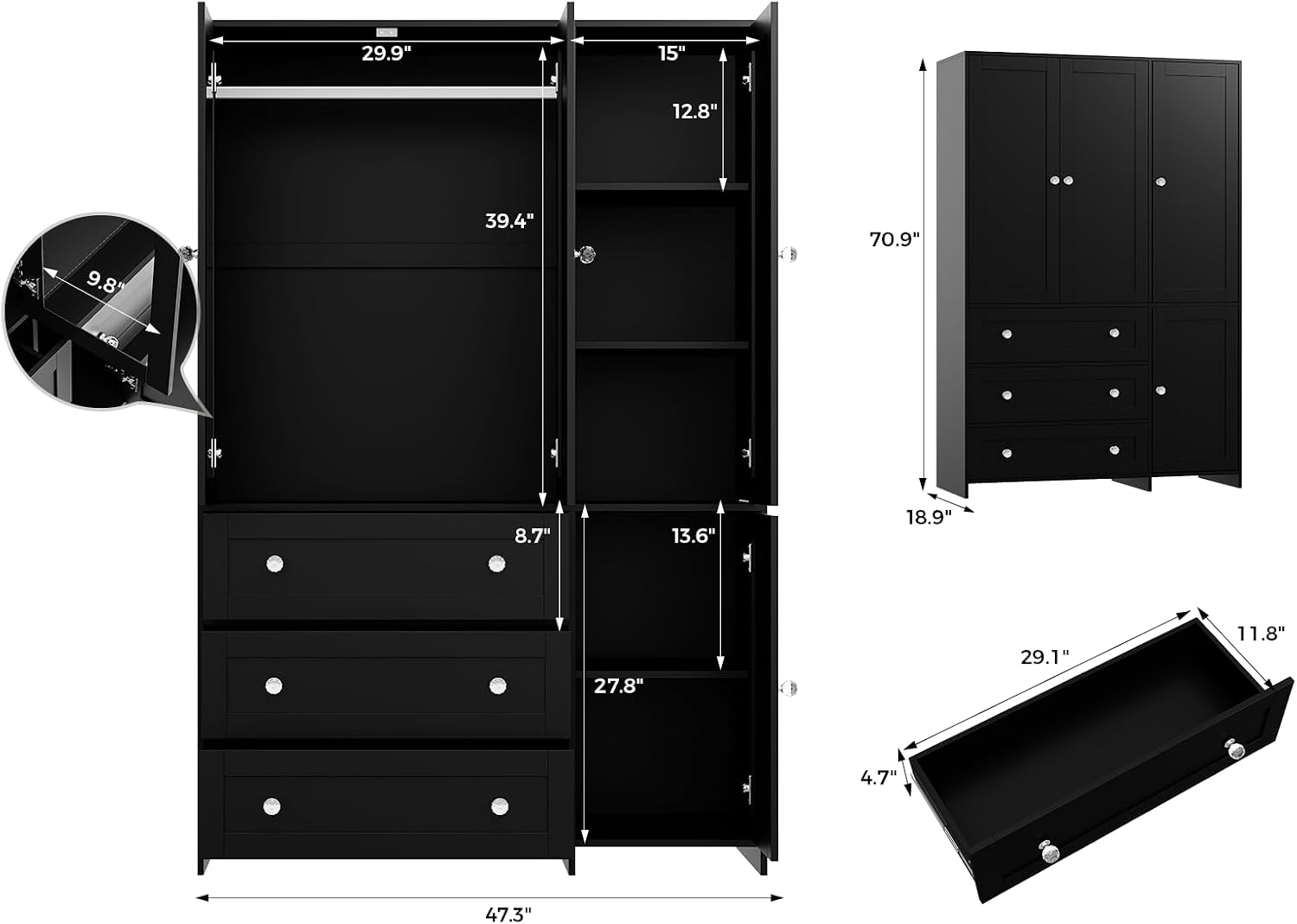 4-Door Mirror Wardrobe Closet with Drawers