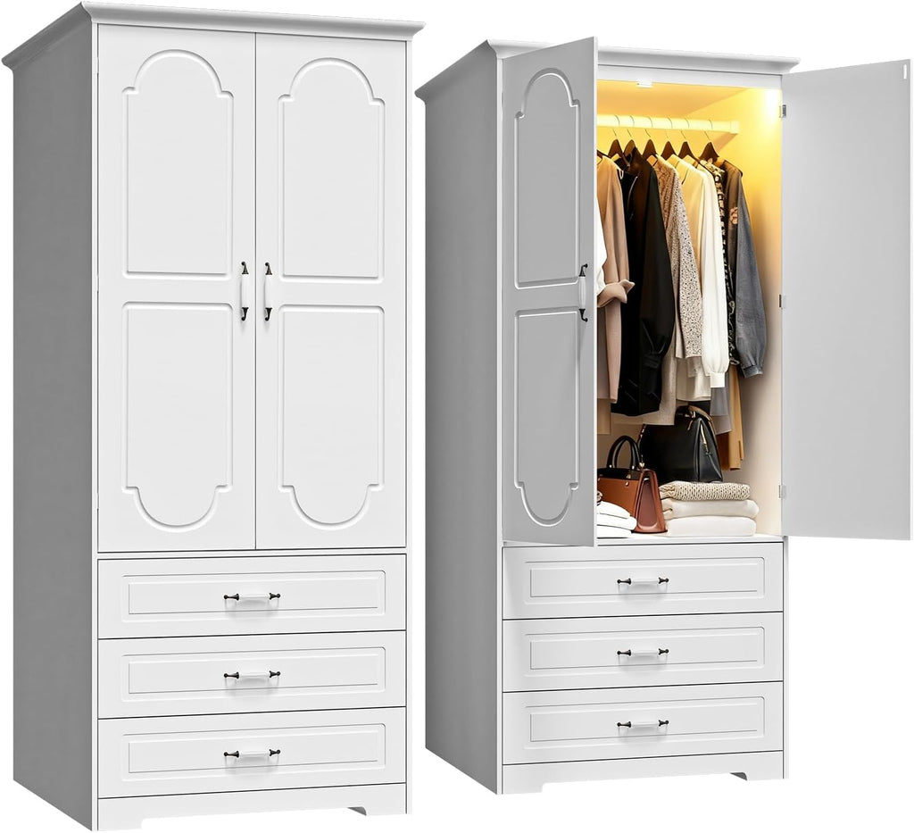 White 2-Door LED Wardrobe with Drawers & Rod