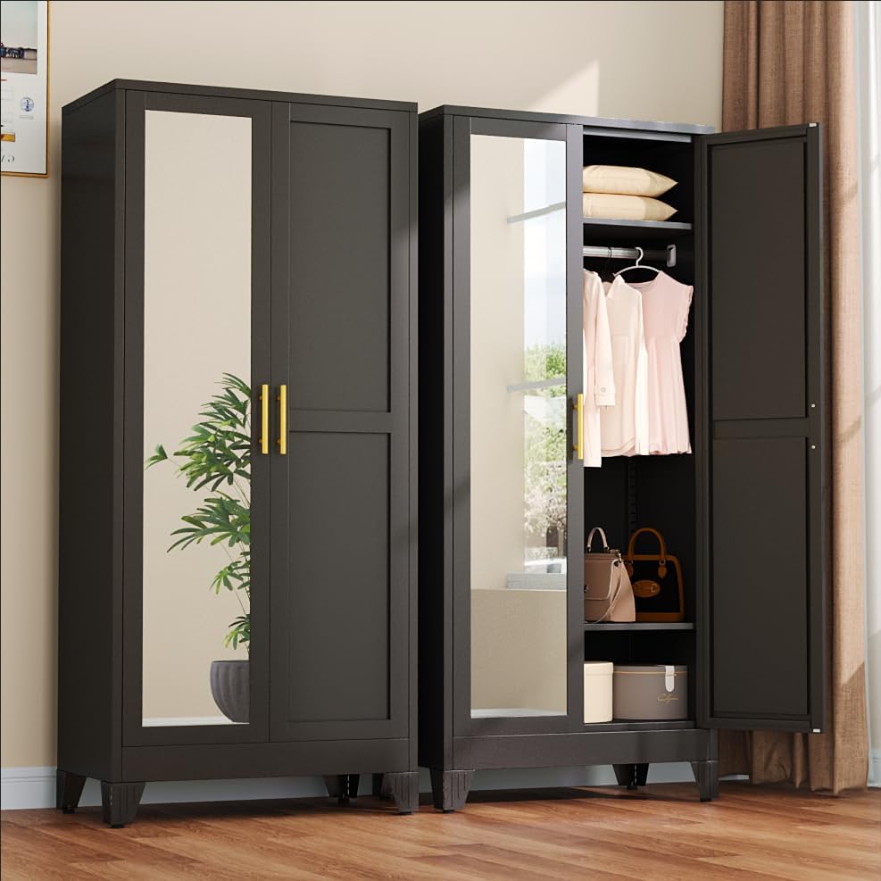 Black 2-Mirror Door Metal Wardrobe Closet