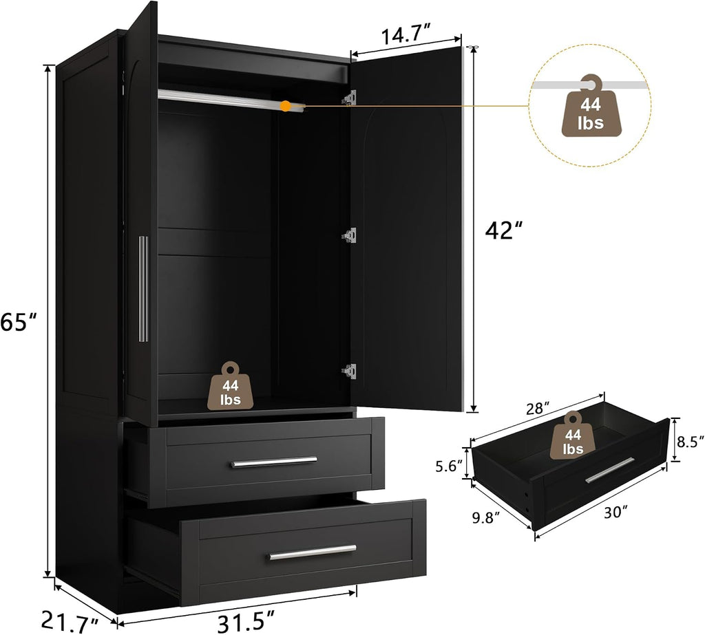 Black Wooden Wardrobe with Drawers & Aluminum Rod