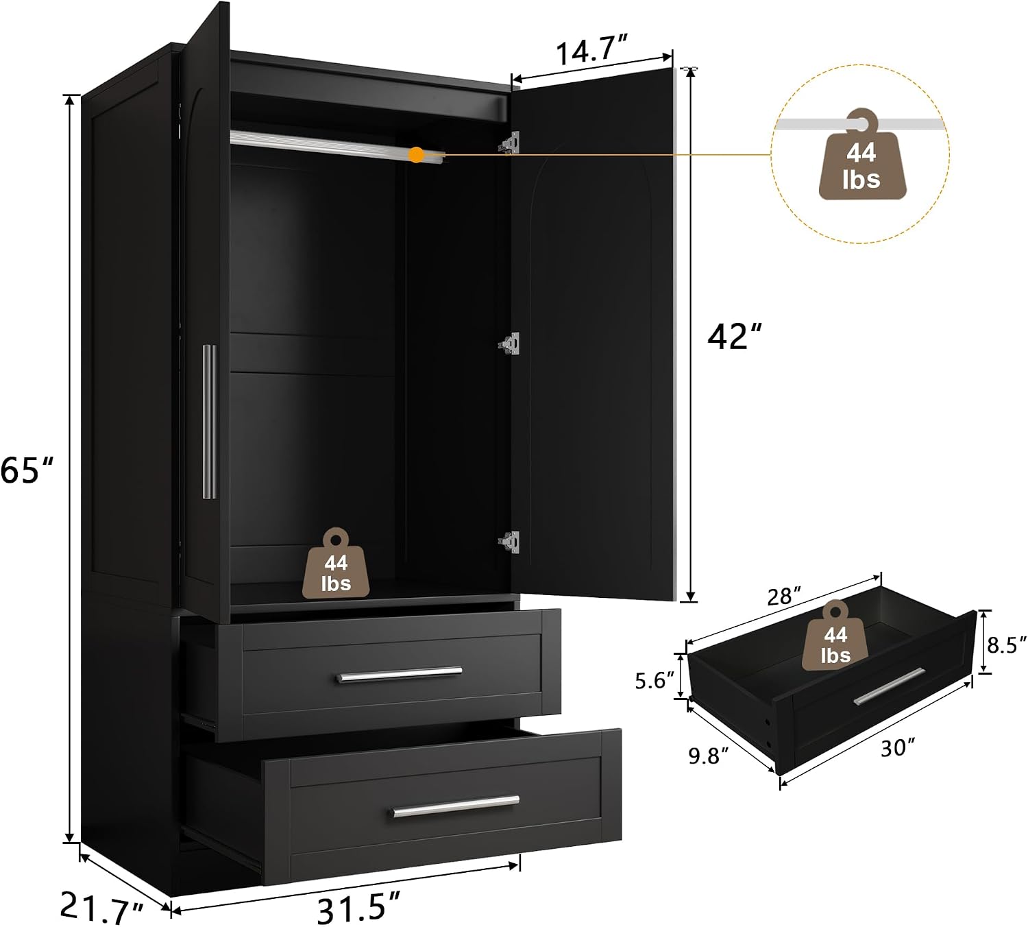 Black Wooden Wardrobe with Drawers & Aluminum Rod