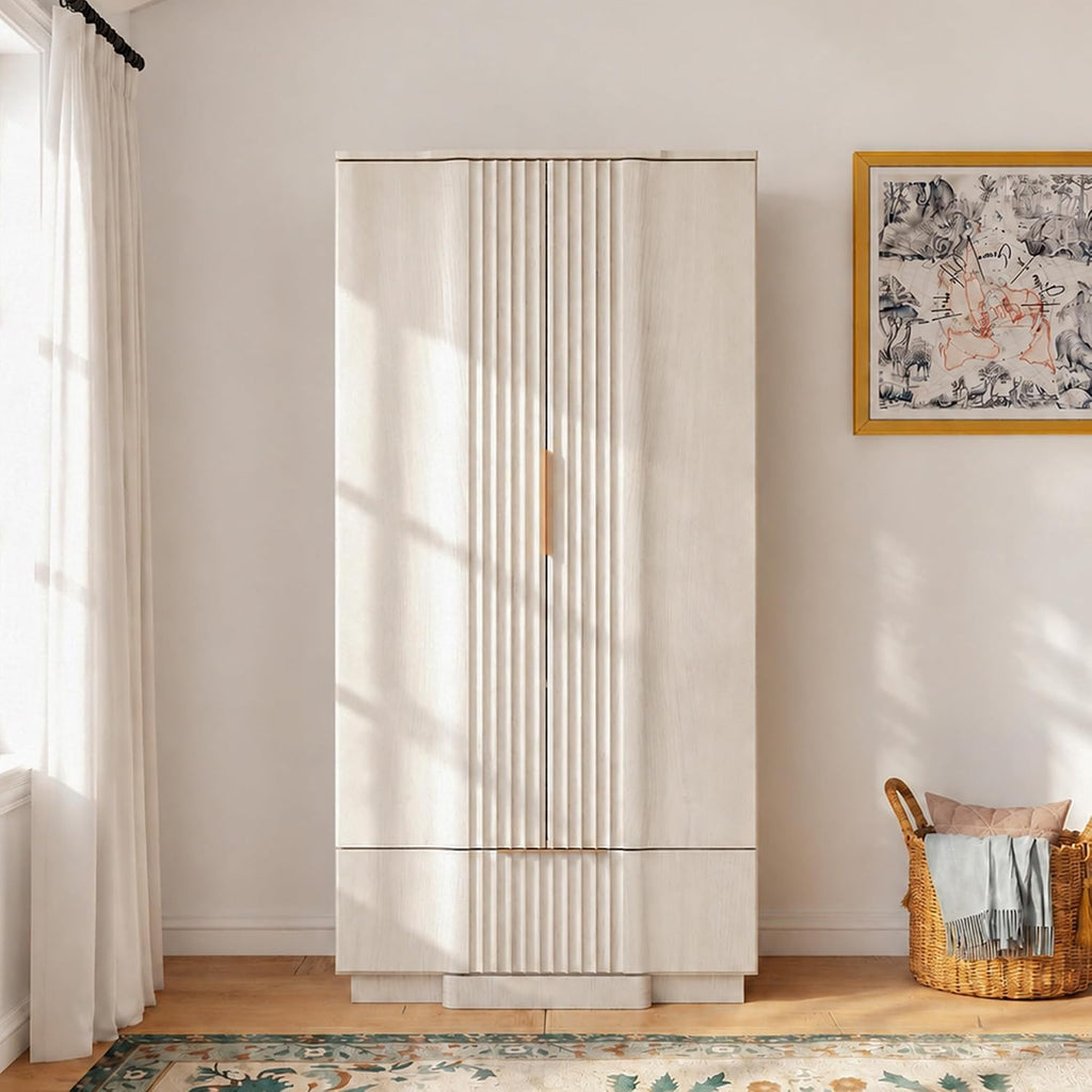 White Grey Fluted Wooden Wardrobe with Drawers