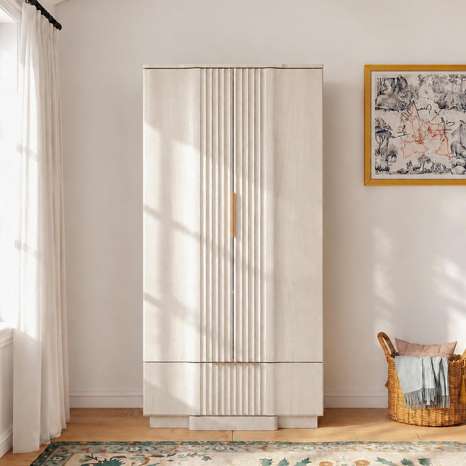White Grey Fluted Wooden Wardrobe with Drawers