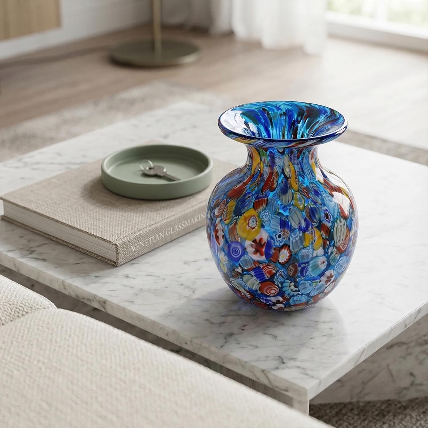 Blue Round Hand Blown Glass Flower Vase