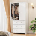 2-Door Mirror Wooden Wardrobe with Drawers & Rod