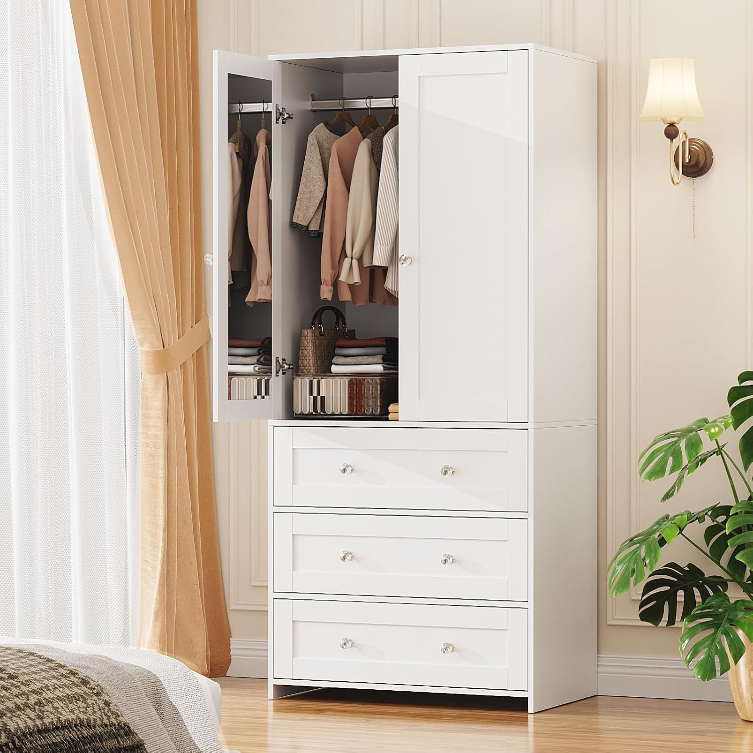 2-Door Mirror Wooden Wardrobe with Drawers & Rod