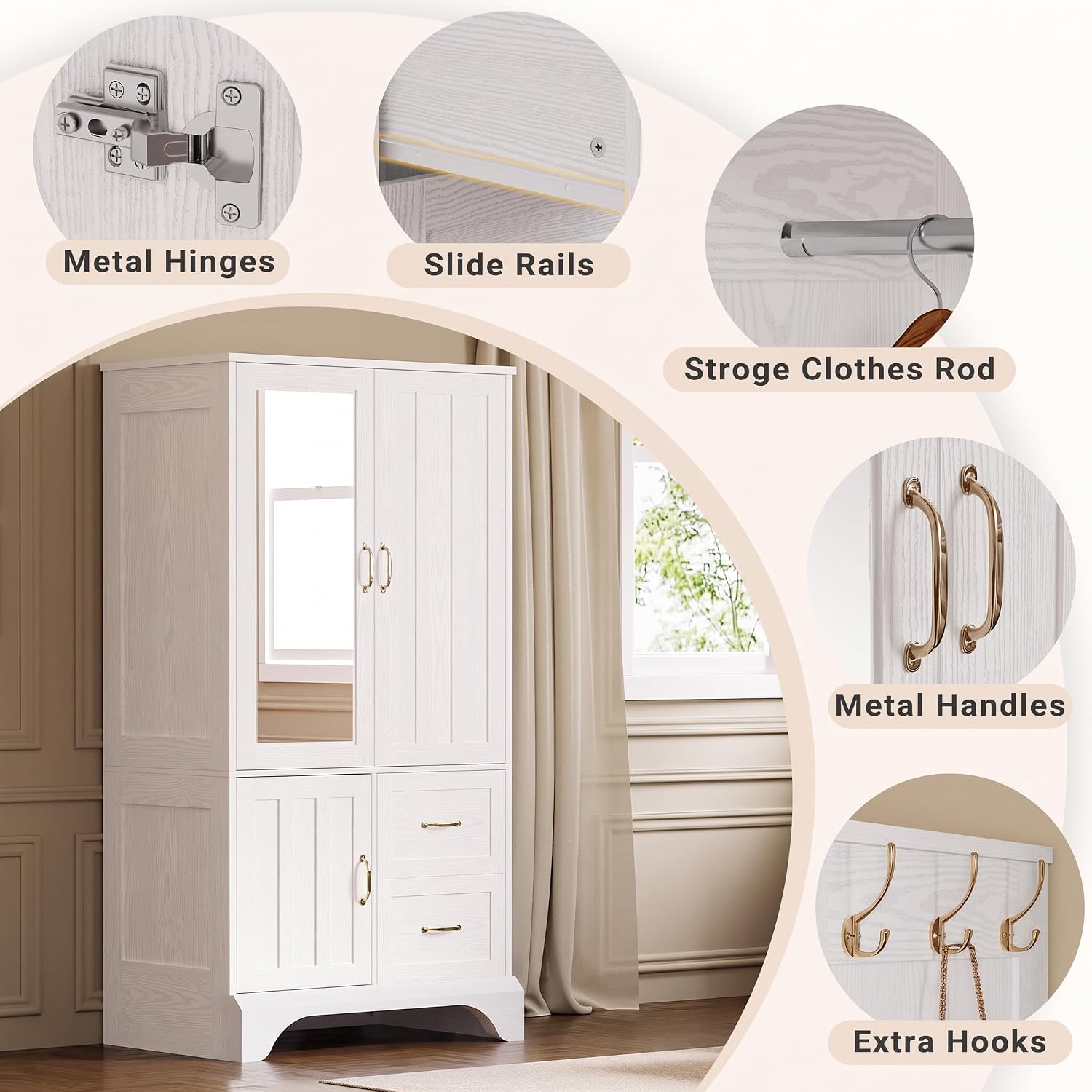 White Mirror 3-Door Wardrobe Armoire