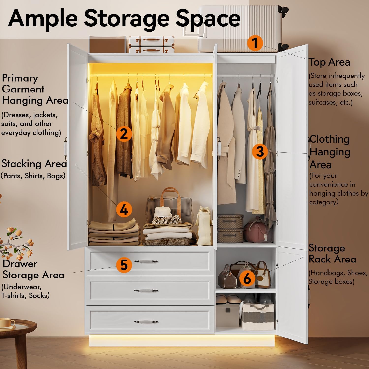 White LED 3-Door Wardrobe with Drawers & Rod