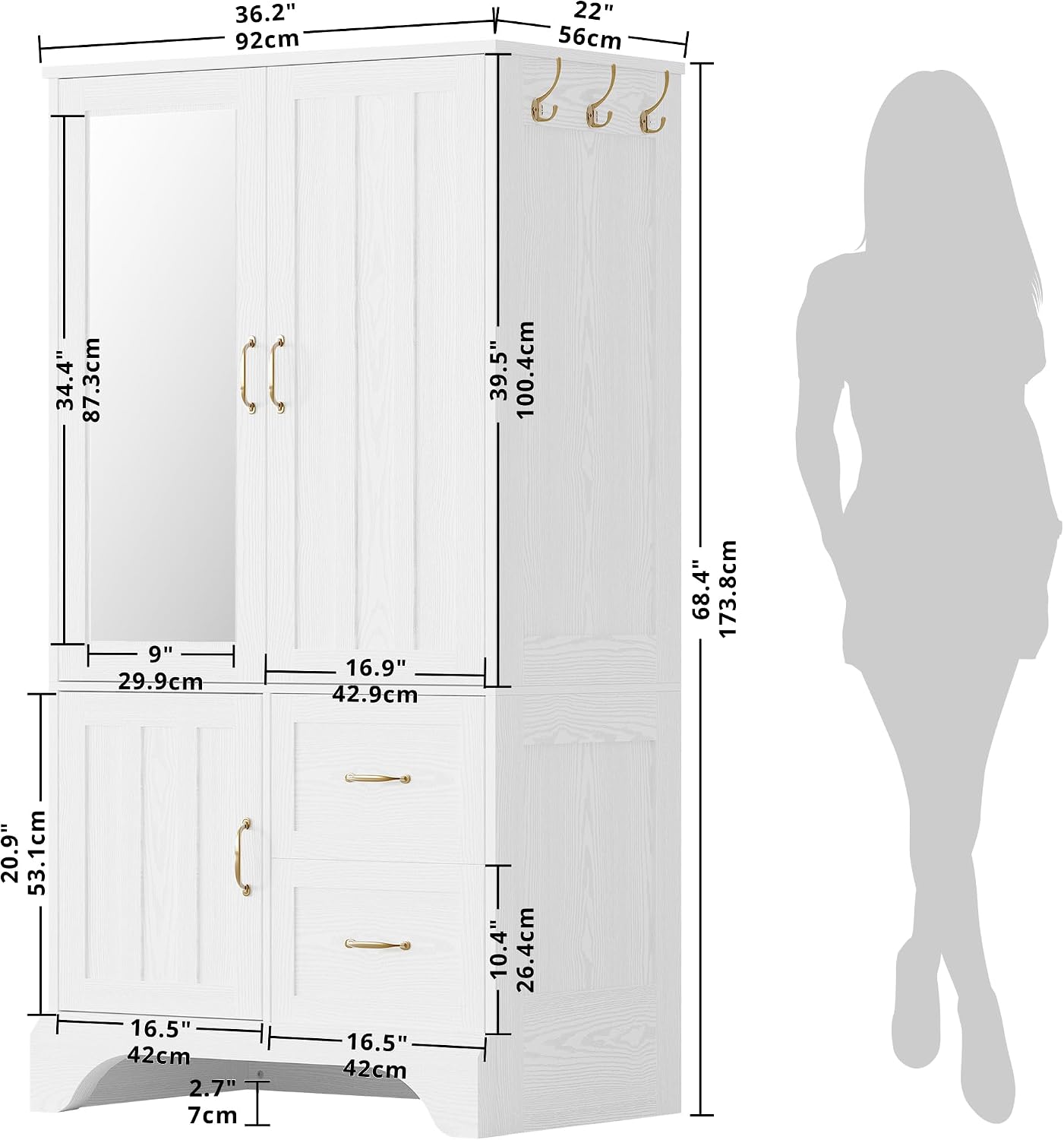 White Mirror 3-Door Wardrobe Armoire