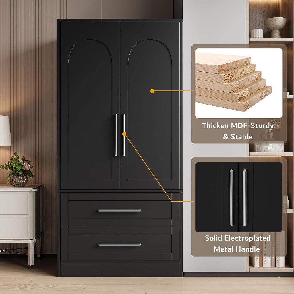 Black Wooden Wardrobe with Drawers & Aluminum Rod