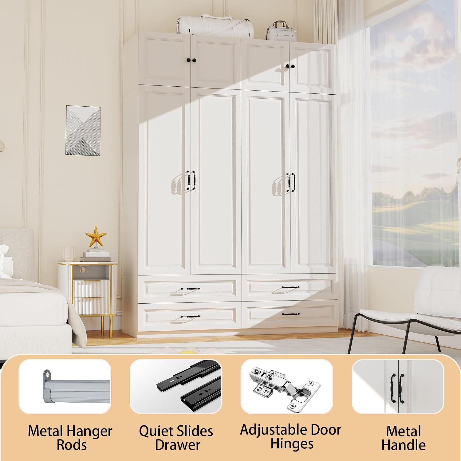 White Tall Wooden Wardrobe Closet with Drawers