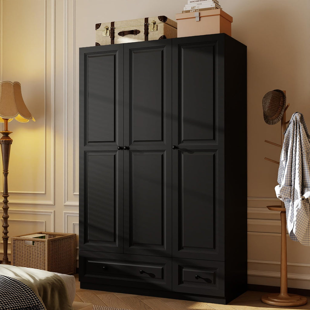 Black Tall Wardrobe Closet with Drawers
