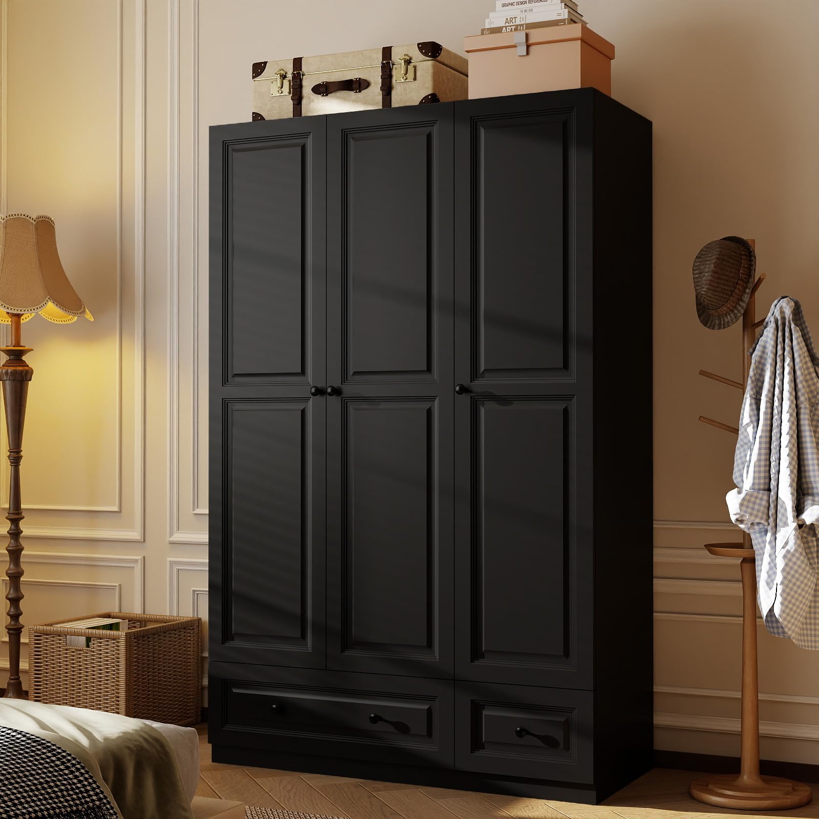 Black Tall Wardrobe Closet with Drawers