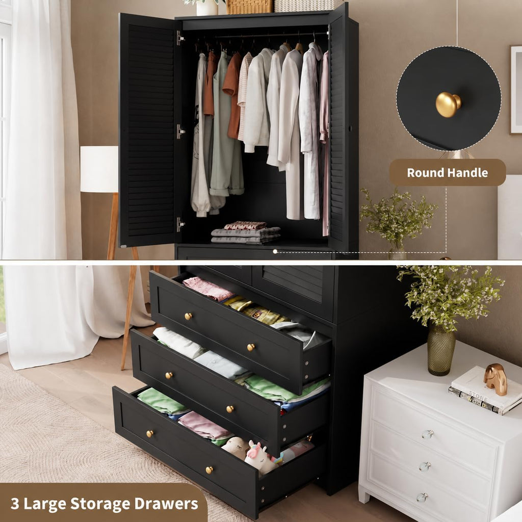 2-Door Wooden Wardrobe with Drawers & Hanging Rod