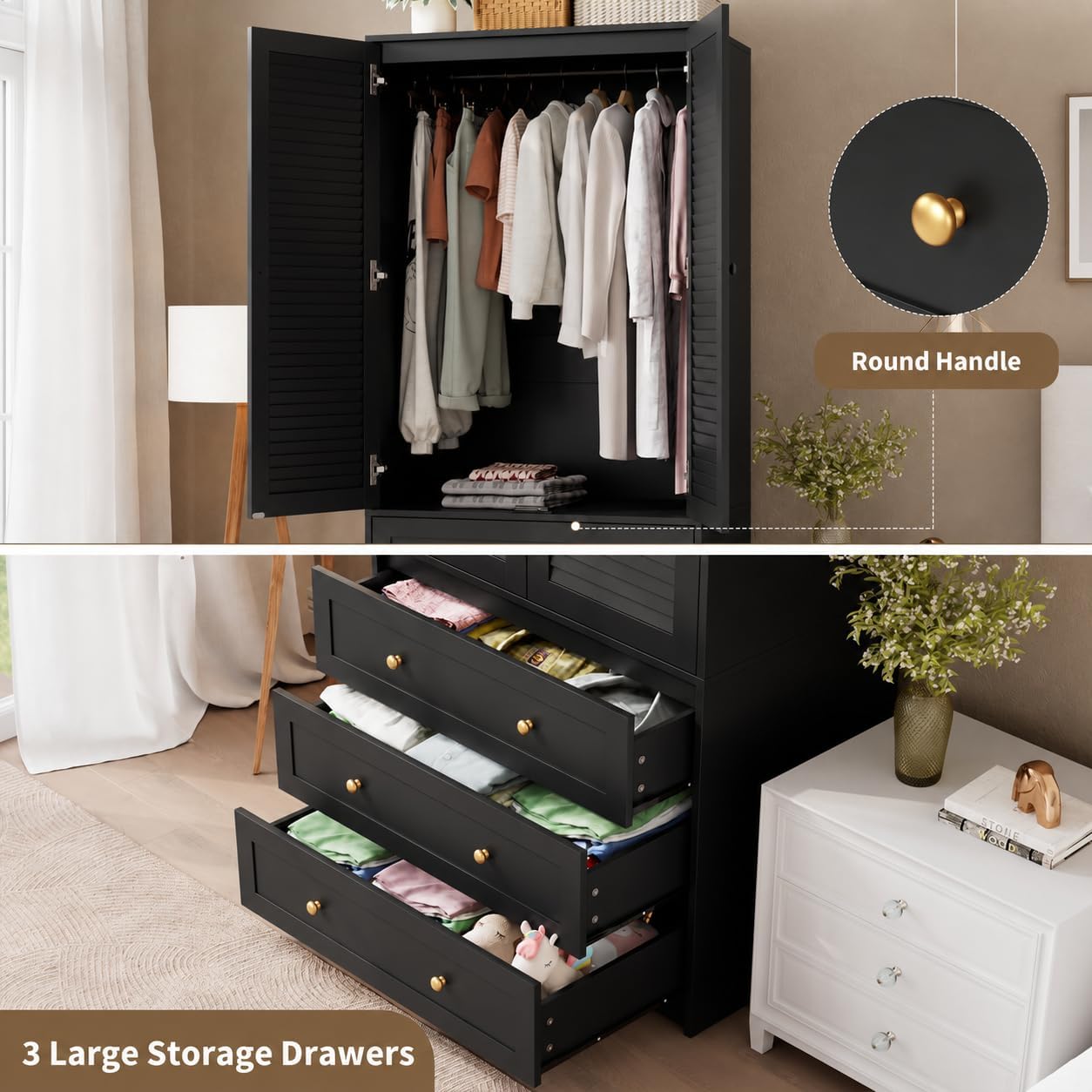 2-Door Wooden Wardrobe with Drawers & Hanging Rod