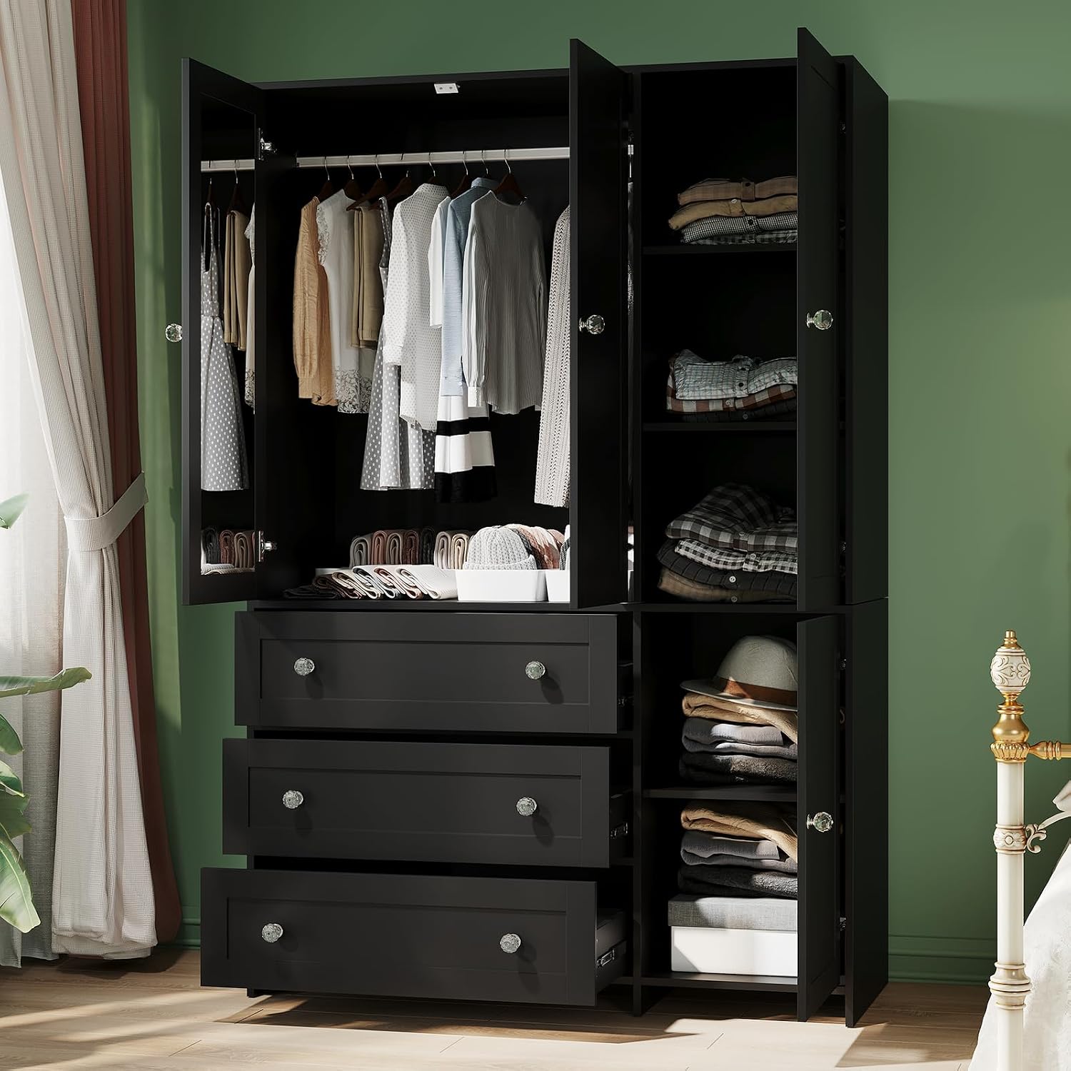4-Door Mirror Wardrobe Closet with Drawers