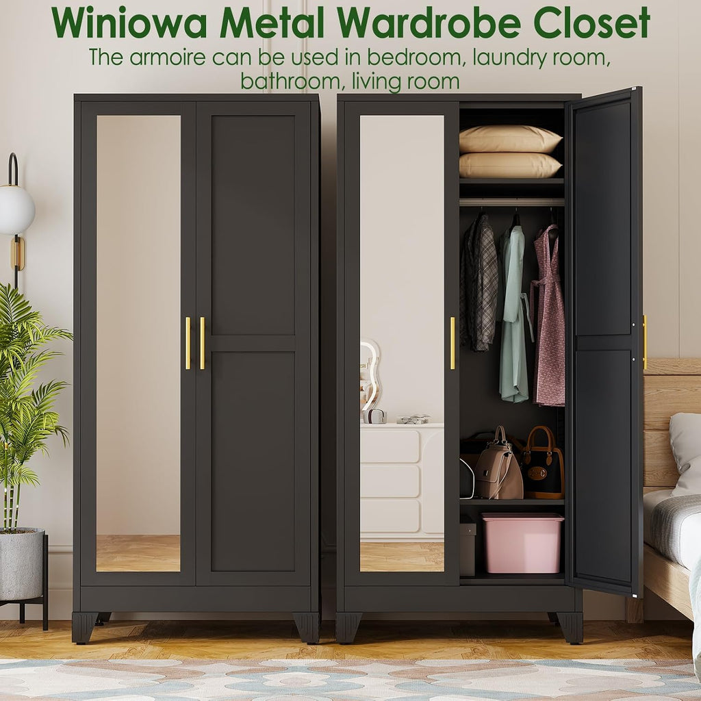 Black 2-Mirror Door Metal Wardrobe Closet