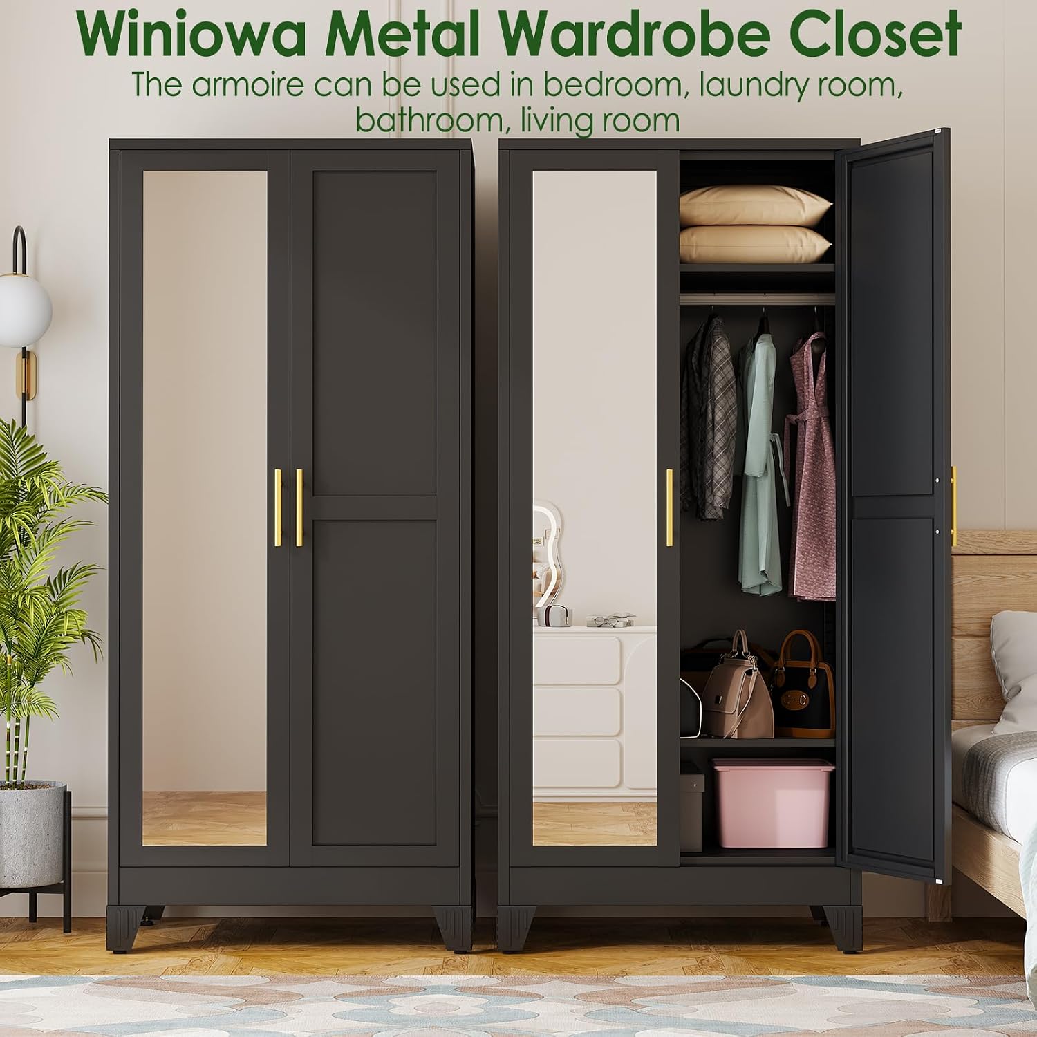 Black 2-Mirror Door Metal Wardrobe Closet