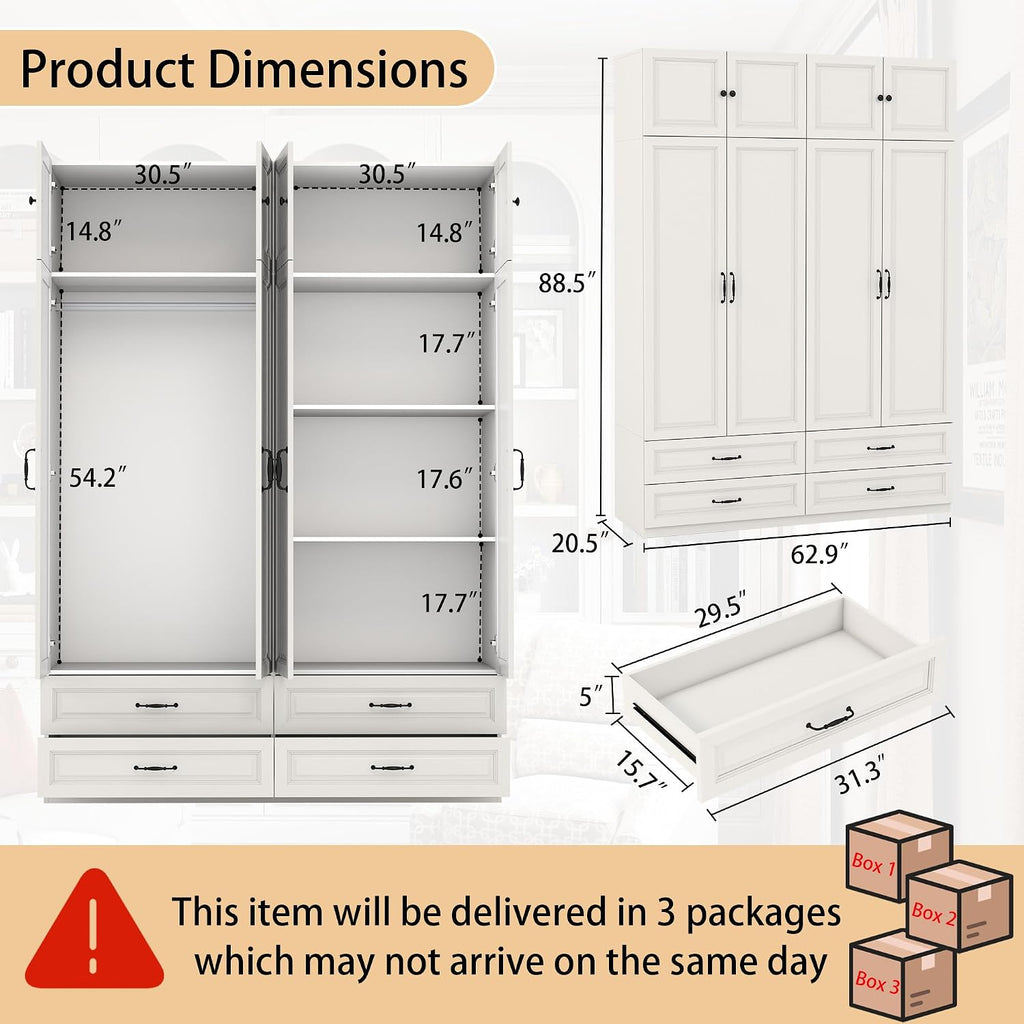 White Tall Wooden Wardrobe Closet with Drawers
