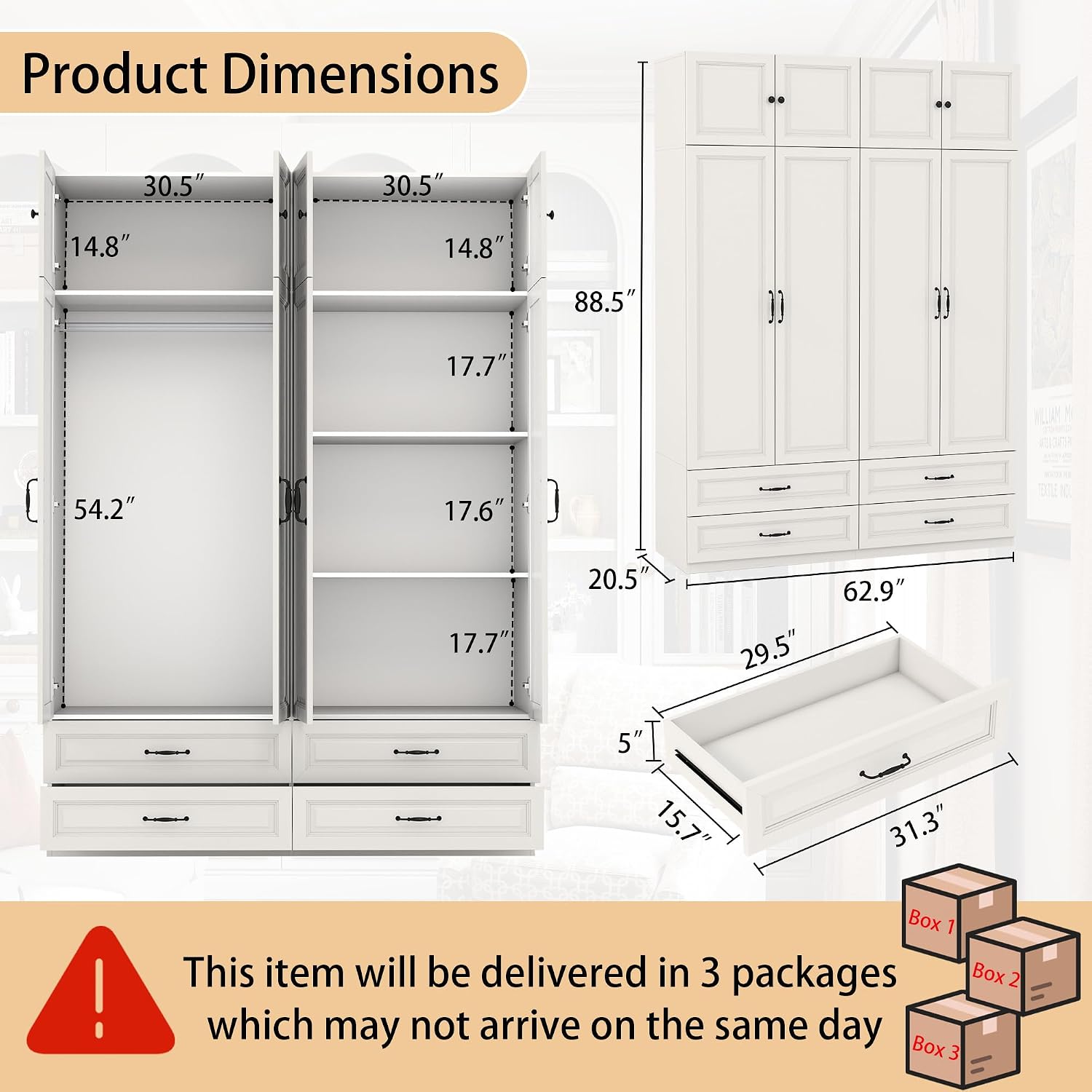 White Tall Wooden Wardrobe Closet with Drawers