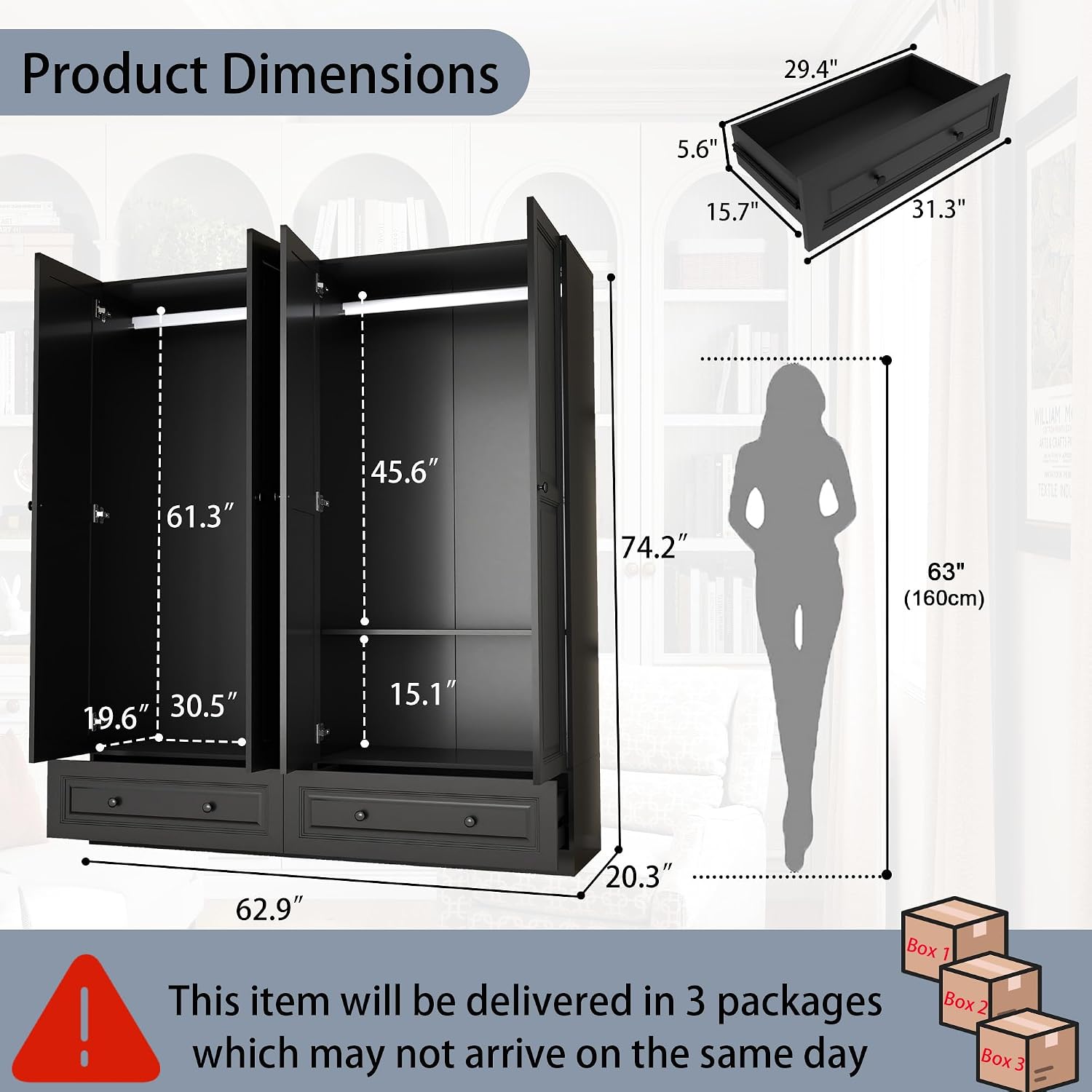 Black Tall Wardrobe Closet with Drawers