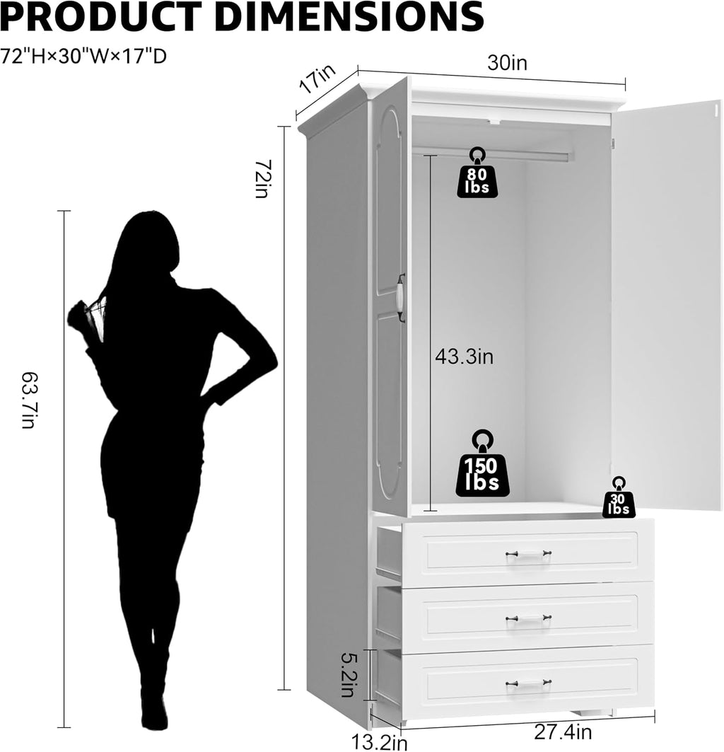 White 2-Door LED Wardrobe with Drawers & Rod