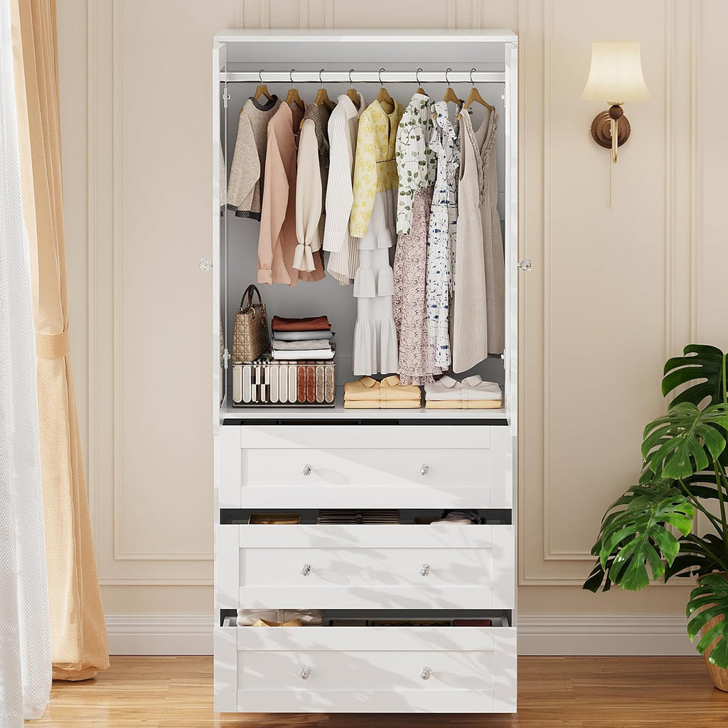 2-Door Mirror Wooden Wardrobe with Drawers & Rod