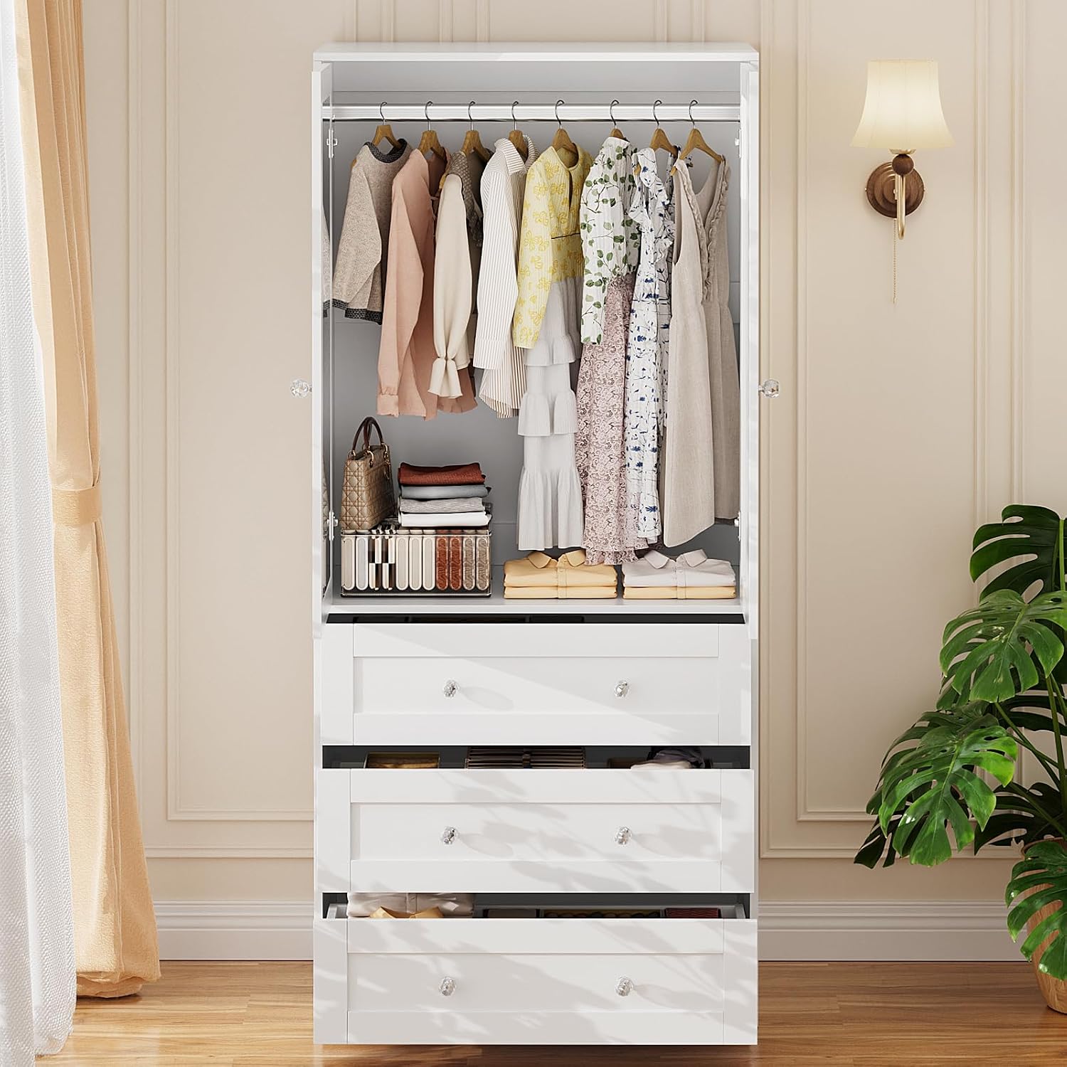 2-Door Mirror Wooden Wardrobe with Drawers & Rod