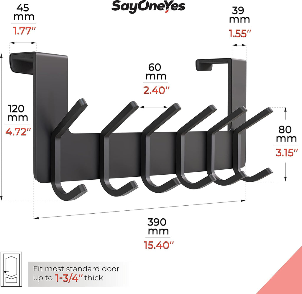 6 Double Hooks Black Door Hanger 2 Pack