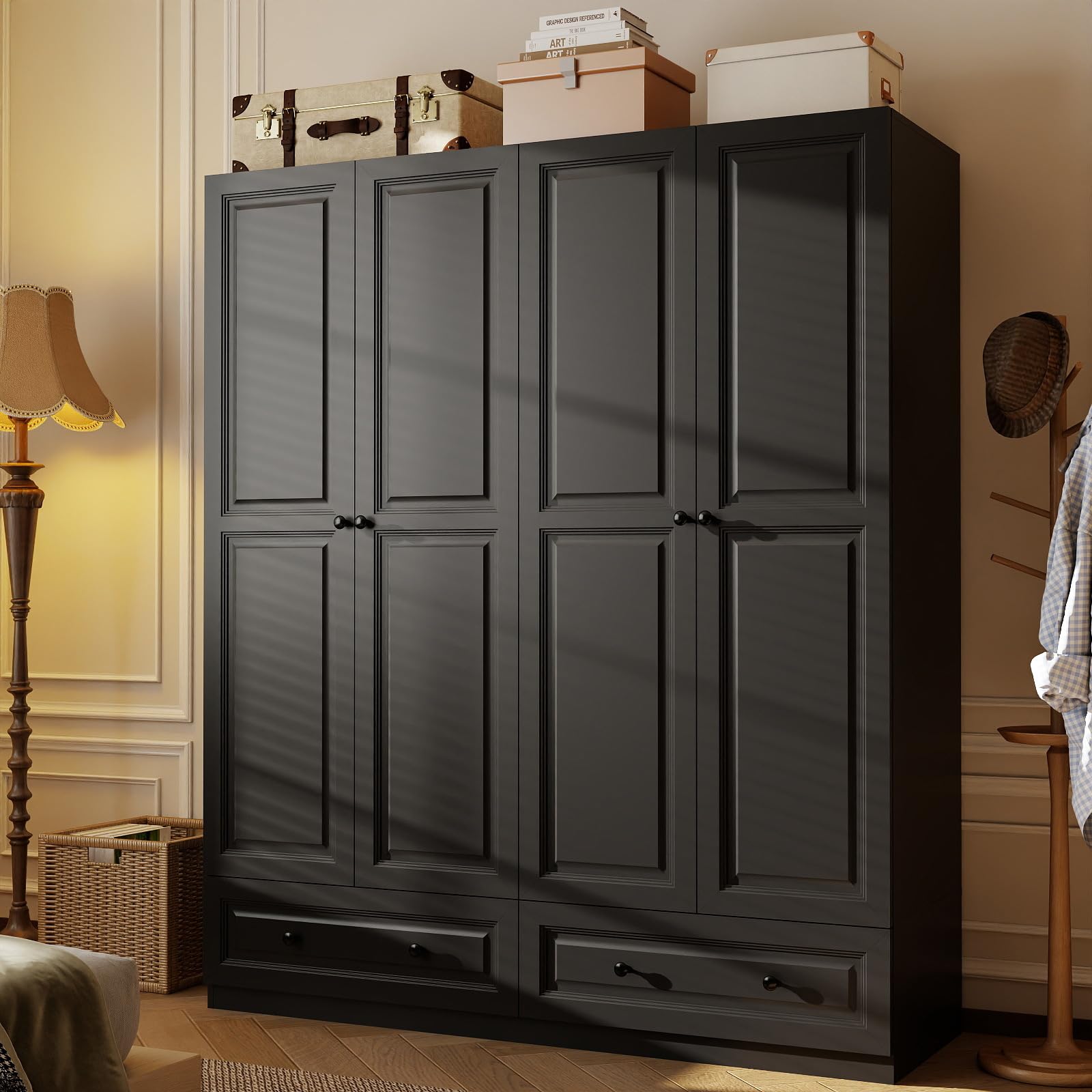 Black Tall Wardrobe Closet with Drawers