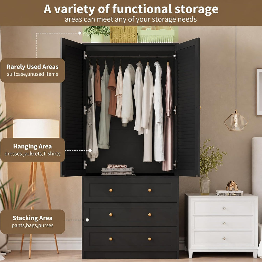 2-Door Wooden Wardrobe with Drawers & Hanging Rod