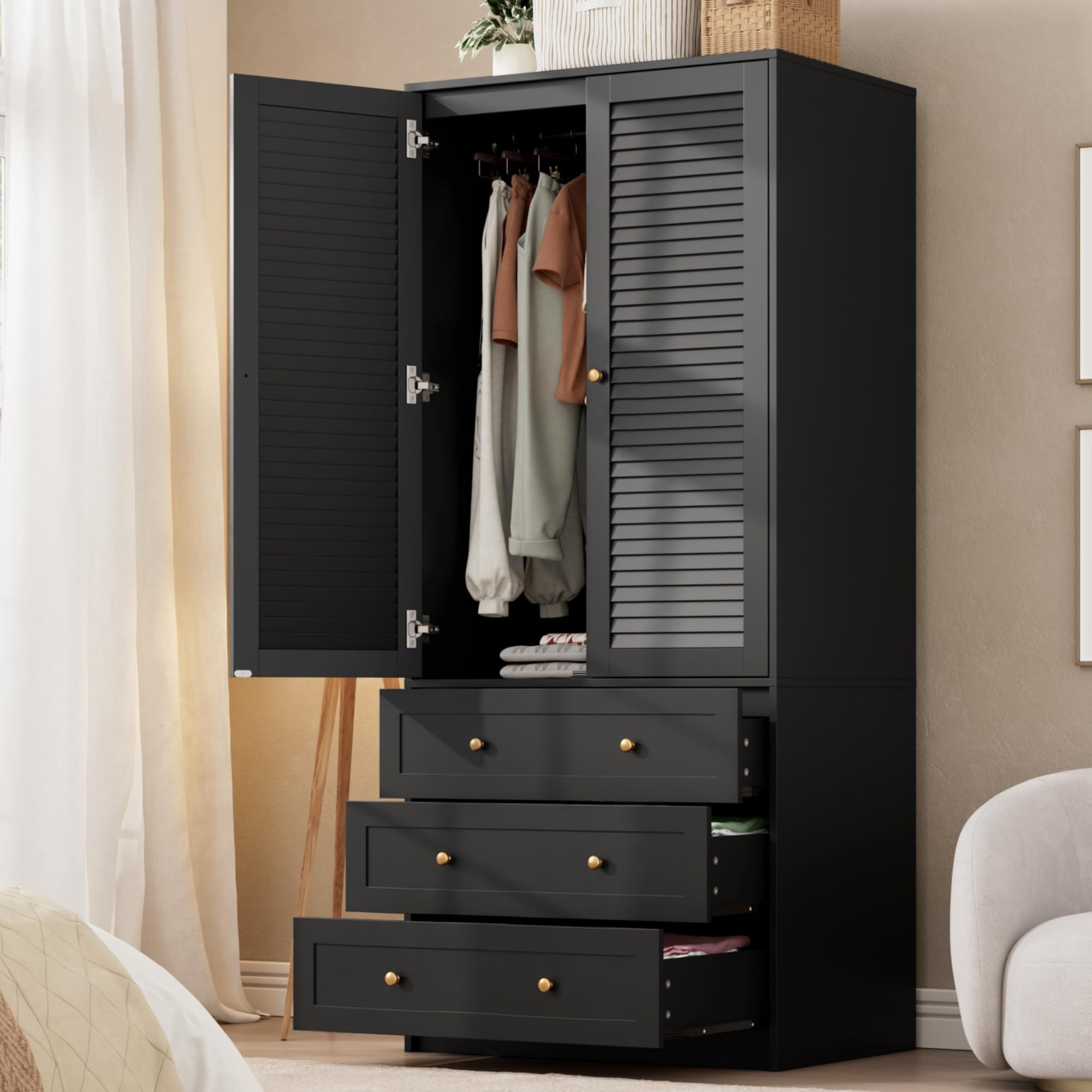 2-Door Wooden Wardrobe with Drawers & Hanging Rod