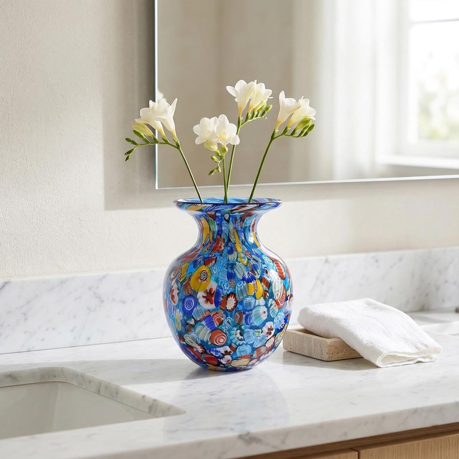 Blue Round Hand Blown Glass Flower Vase
