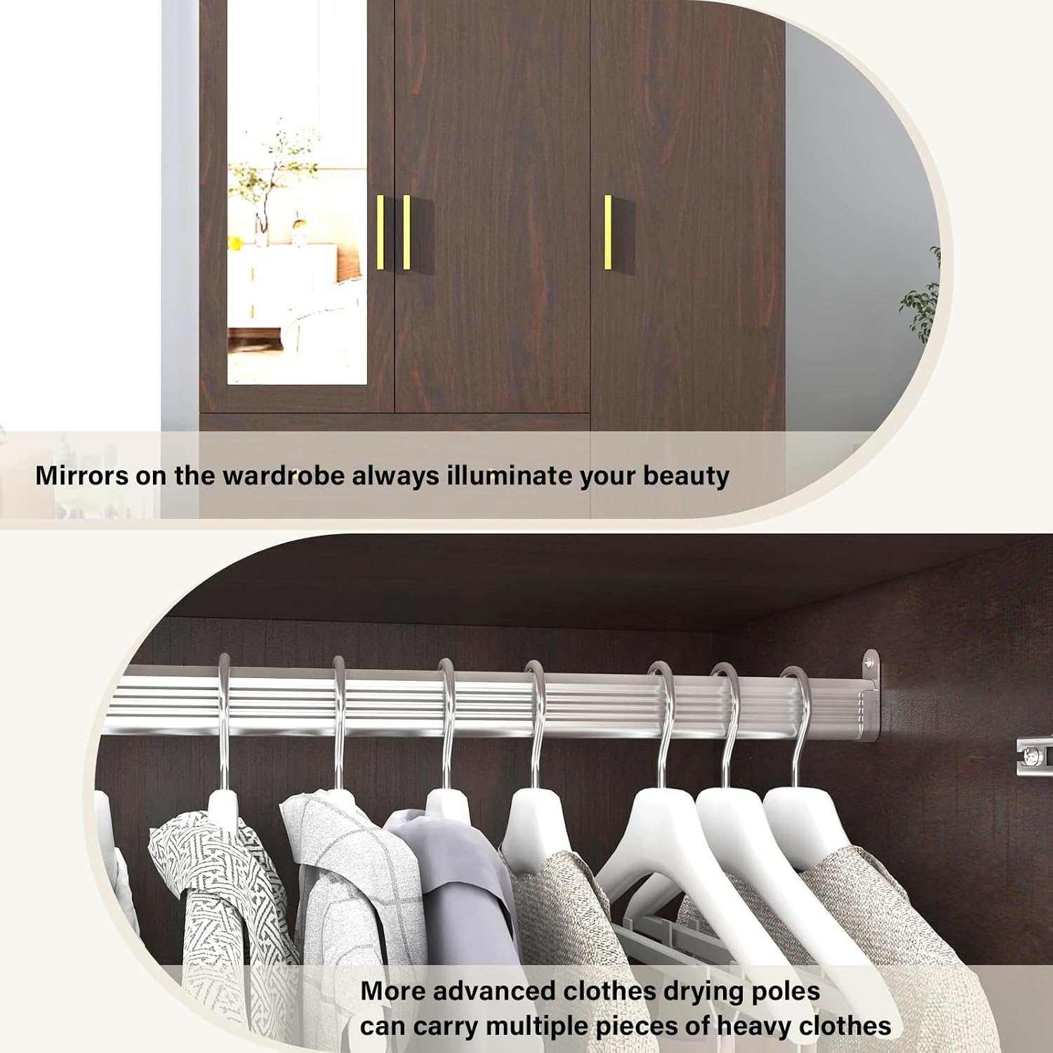 Brown Mirror LED 3-Door Wooden Wardrobe