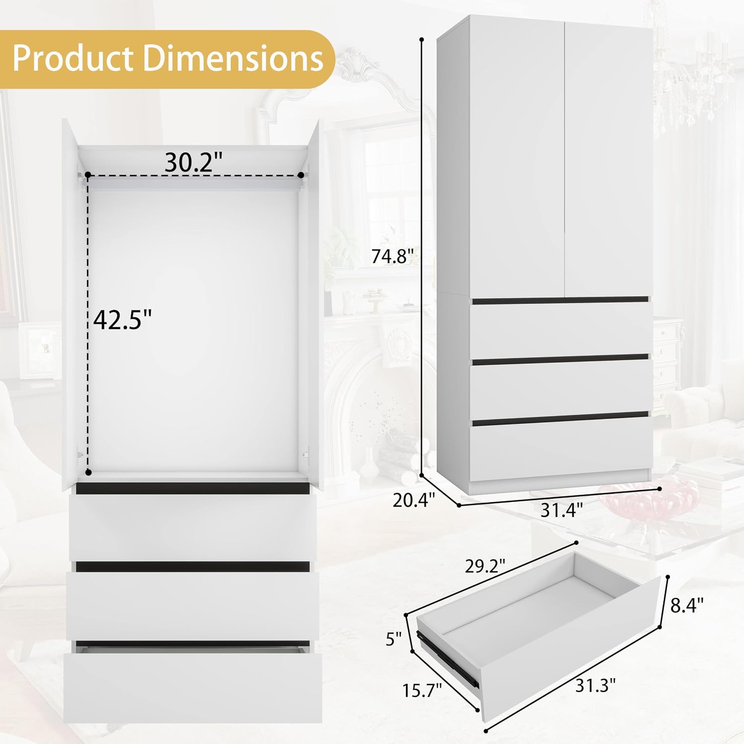 White 2-Door Wooden Wardrobe with Drawers & Rod