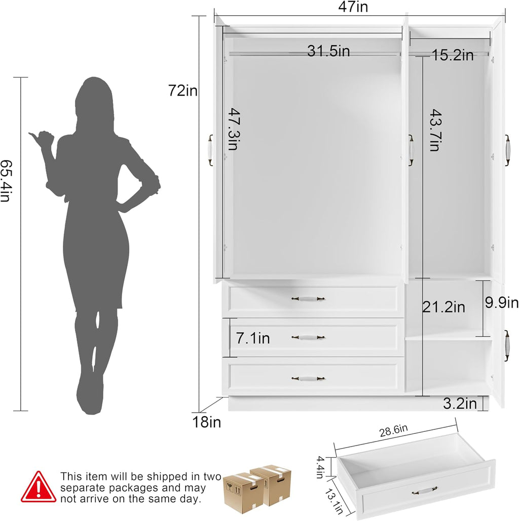 White LED 3-Door Wardrobe with Drawers & Rod