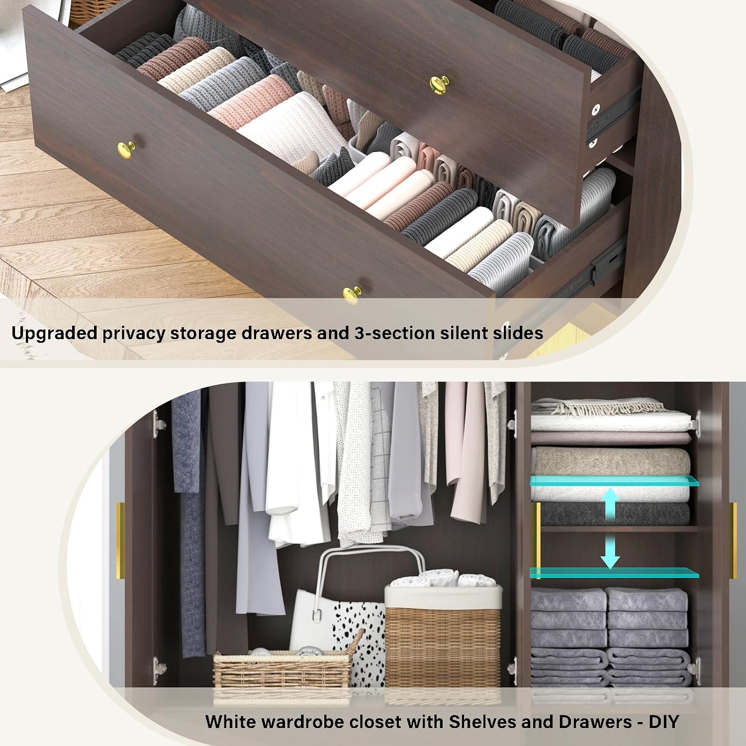 Brown Mirror LED 3-Door Wooden Wardrobe