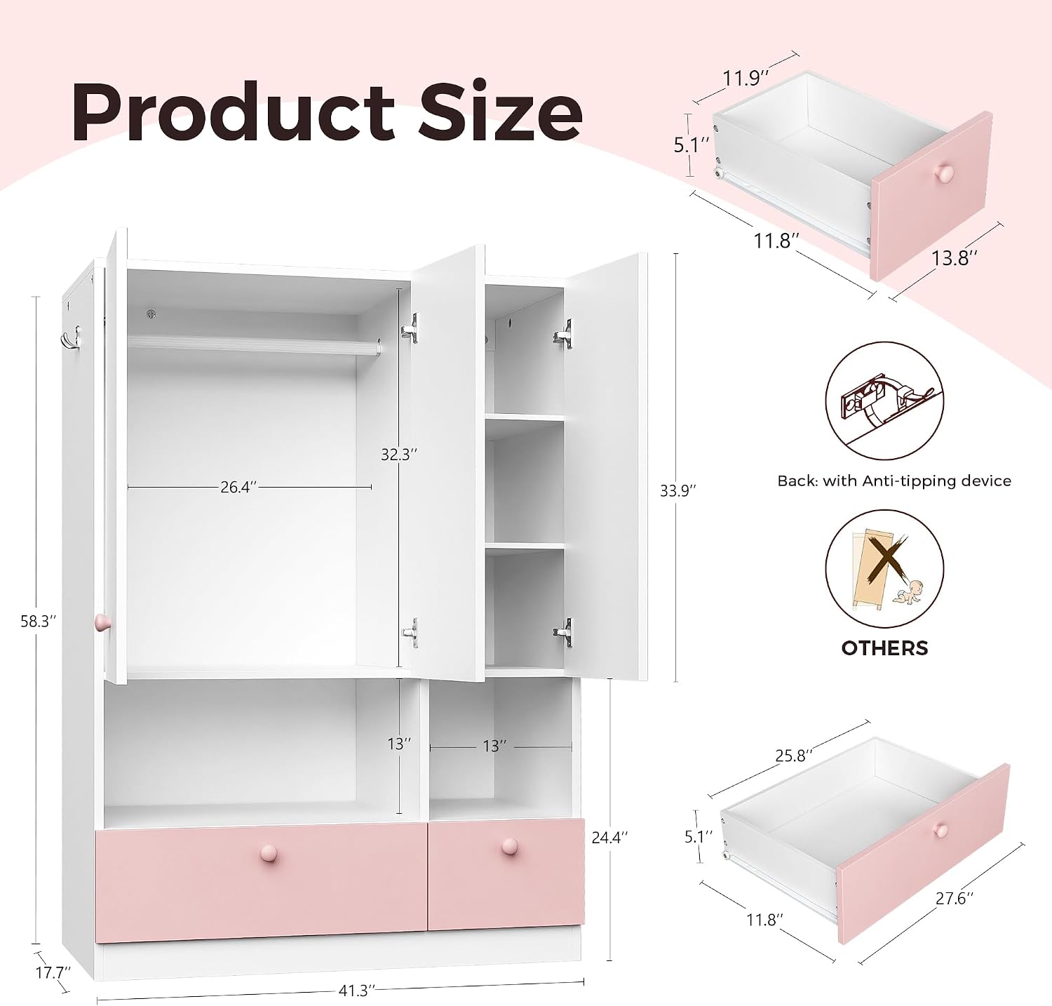 White 3-Door Wooden Wardrobe with Drawers & Rod