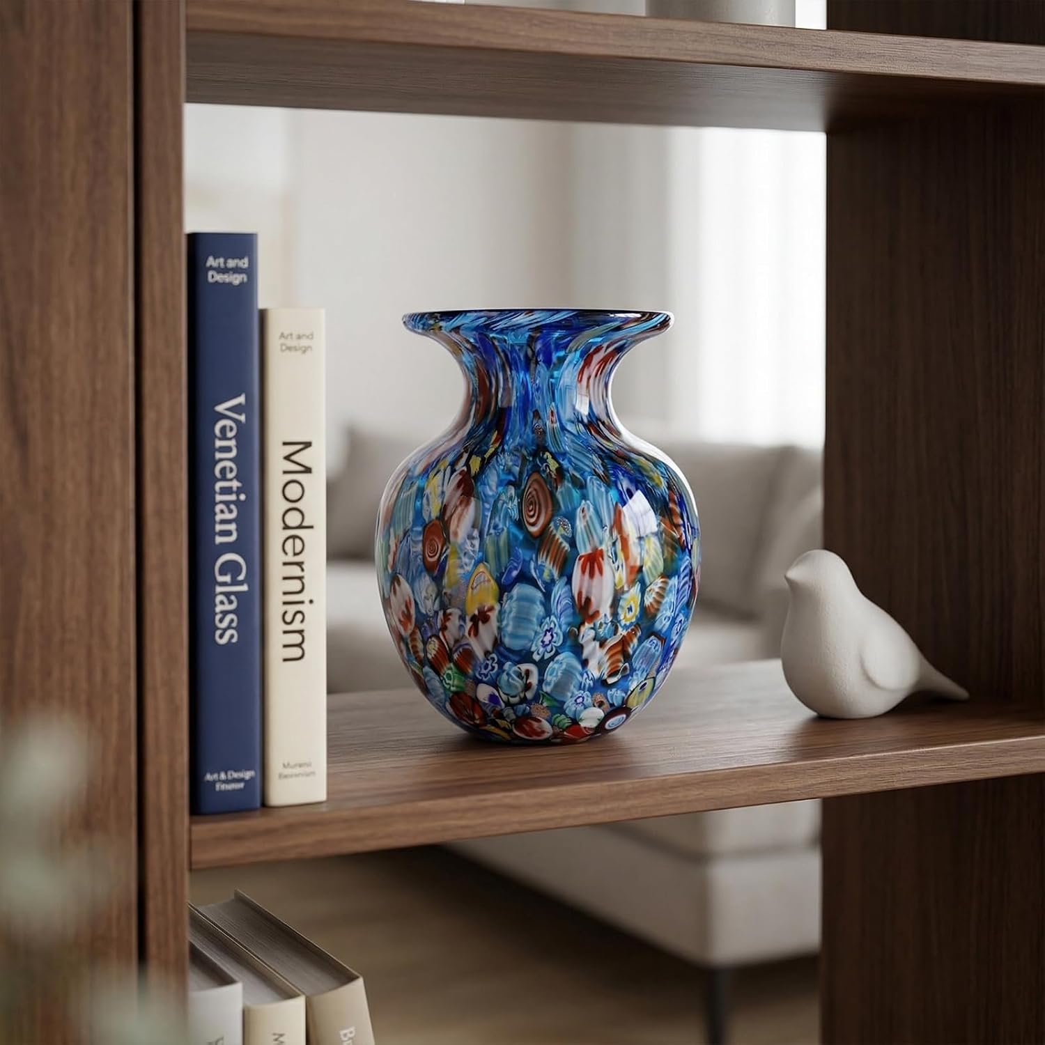 Blue Round Hand Blown Glass Flower Vase