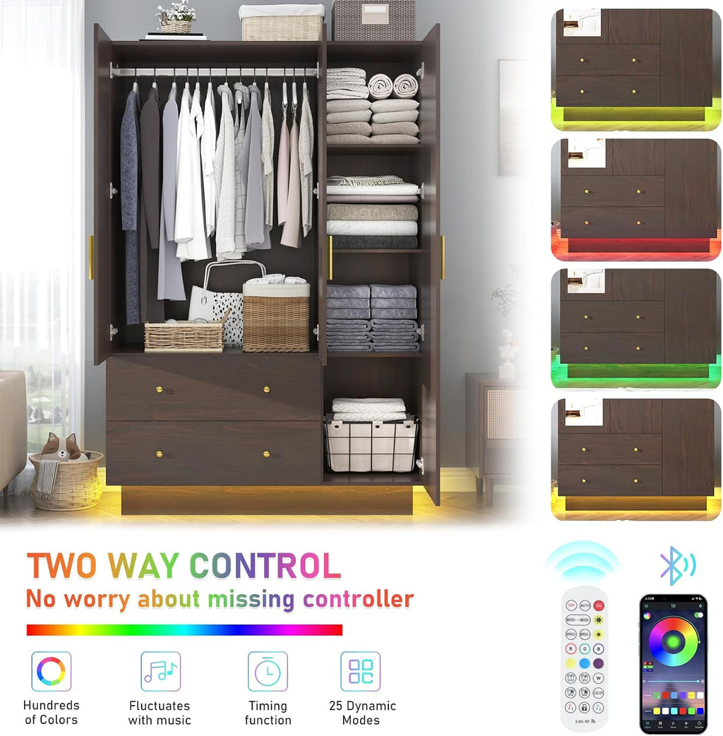 Brown Mirror LED 3-Door Wooden Wardrobe