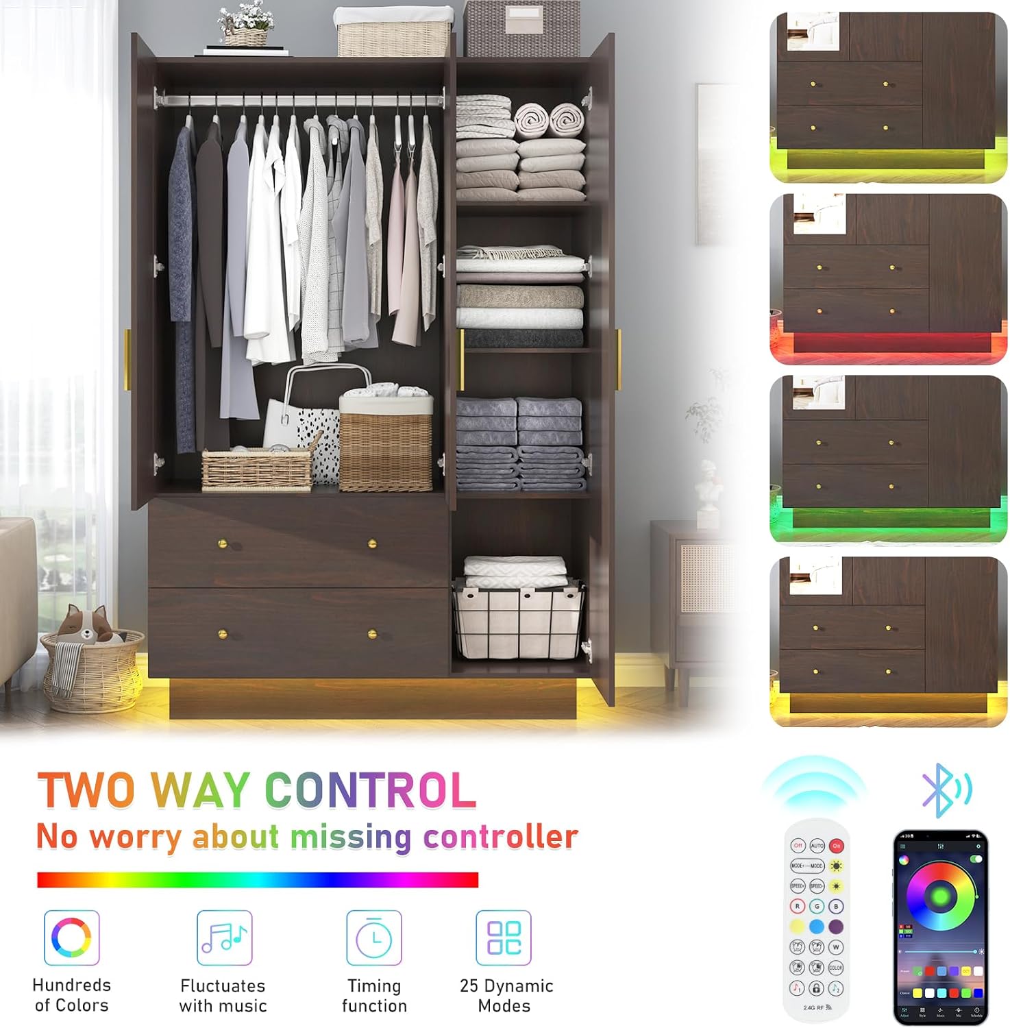 Brown Mirror LED 3-Door Wooden Wardrobe