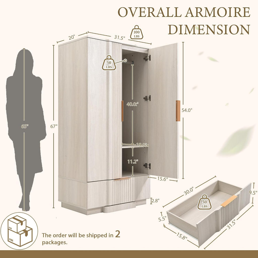 White Grey Fluted Wooden Wardrobe with Drawers