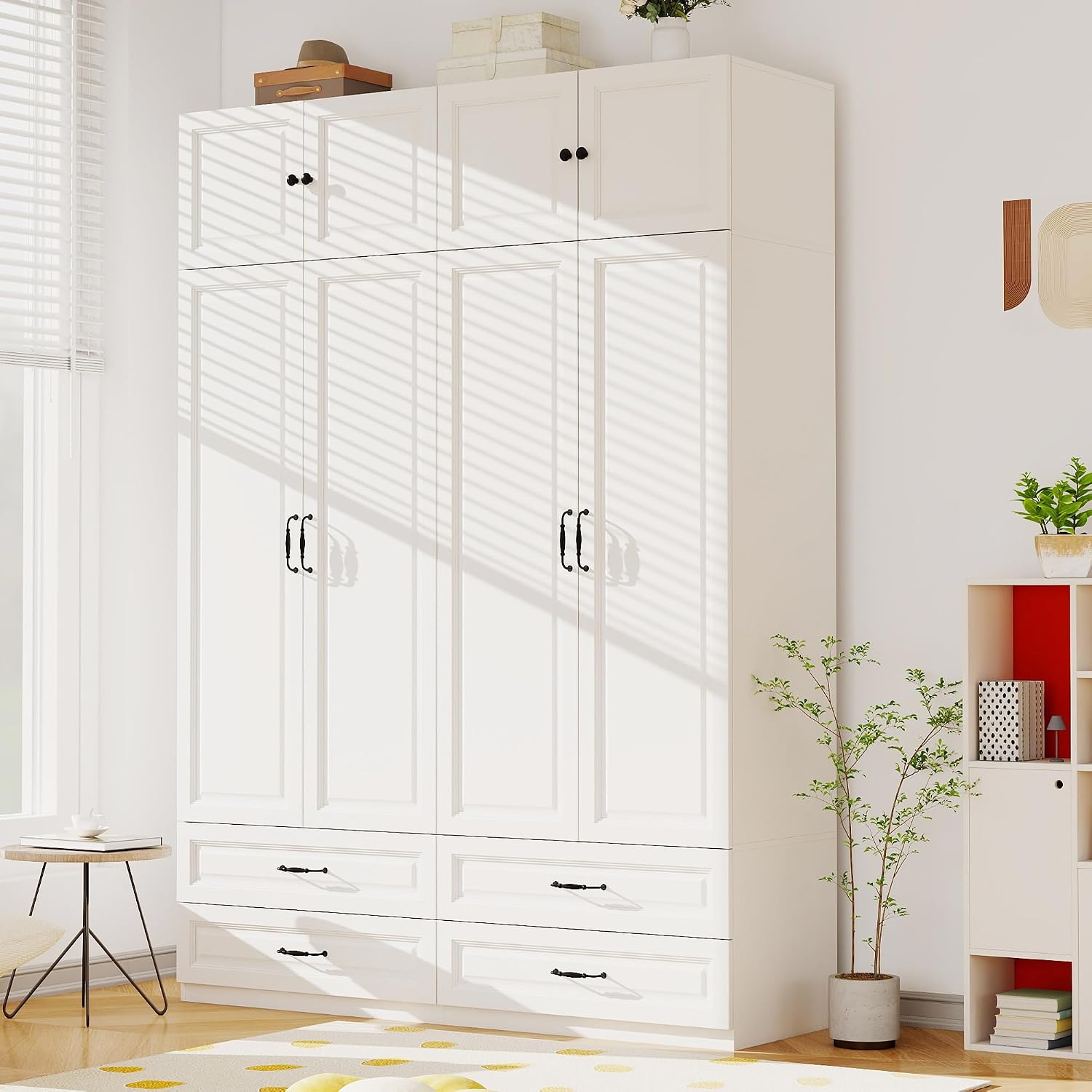 White Tall Wooden Wardrobe Closet with Drawers
