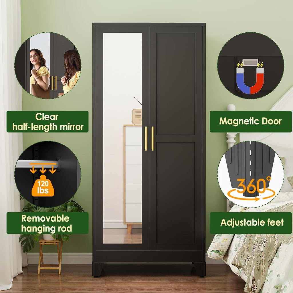 Black 2-Mirror Door Metal Wardrobe Closet
