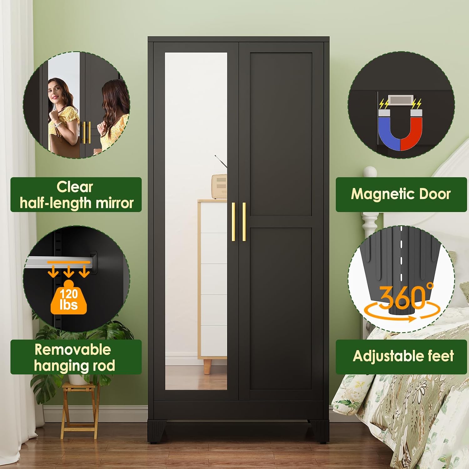 Black 2-Mirror Door Metal Wardrobe Closet