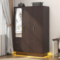Brown Mirror LED 3-Door Wooden Wardrobe